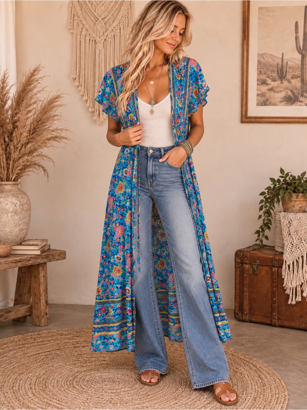 Bohemian Blue Floral Maxi Duster Kimono